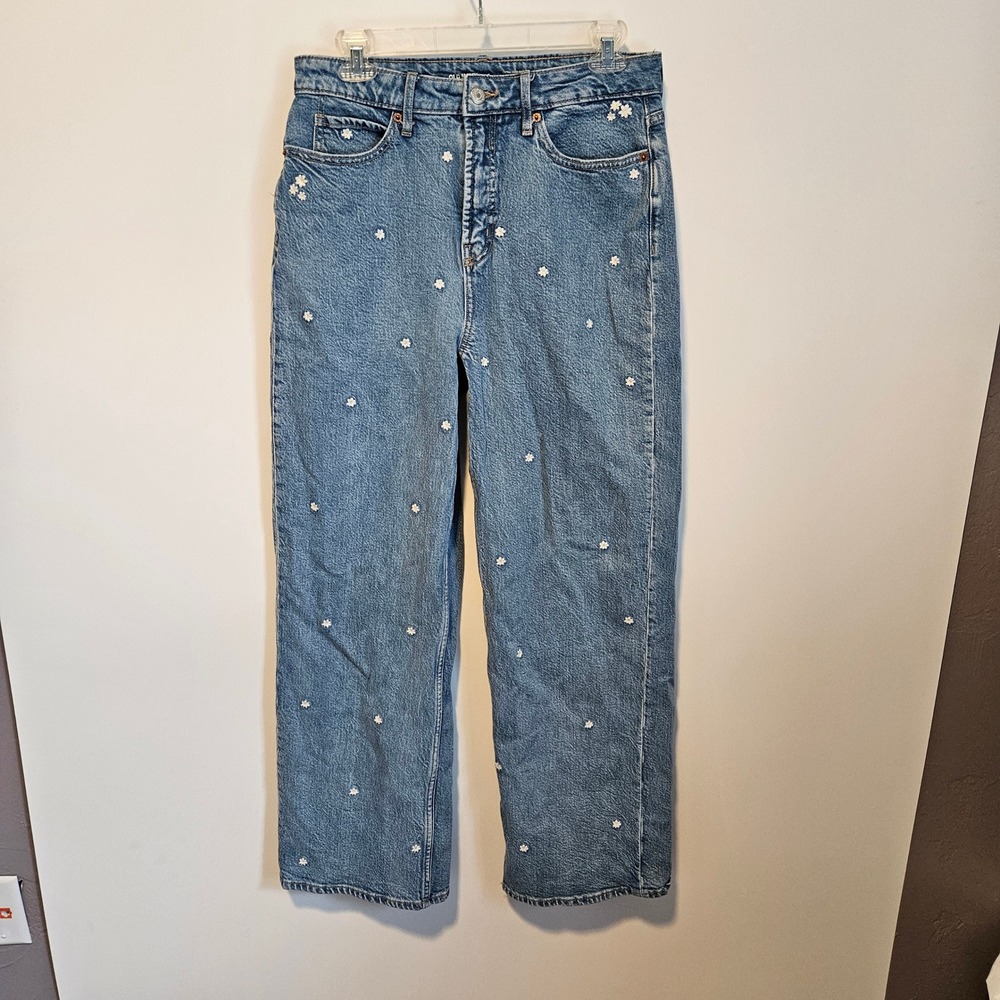 Old Navy Sky-Hi Wide Leg Daisy Embroidered Jeans Blue Denim Size 6 High Rise